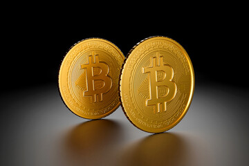 Double bitcoin standing in black background.