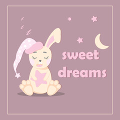 postcard poster with a bunny bunny . sleeping with the star and the moon. sweet dreams children's cute drawing