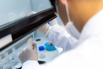 Young scientist or technician work standard curve in fume hood for analysis concentration range of total iron.