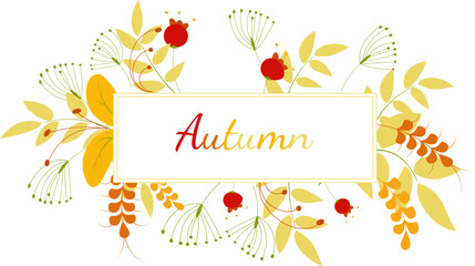 Autumn frame with leaves and red berries. For your design.