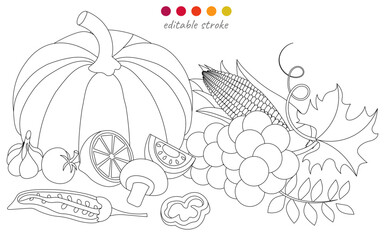 Still life with pumpkin, corn, berries and vegetables. Autumn collection. Relaxation coloring template.