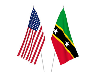 National fabric flags of America and Federation of Saint Christopher and Nevis isolated on white background. 3d rendering illustration.