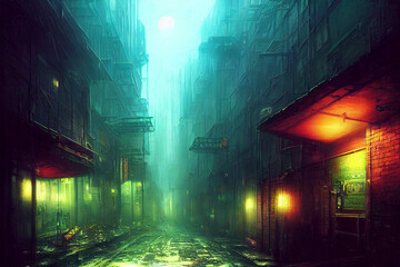 scifi  dystopia post-apocalyptic city  narrow street, lime green and pink lights, concept art, digital painting, cinematic,
