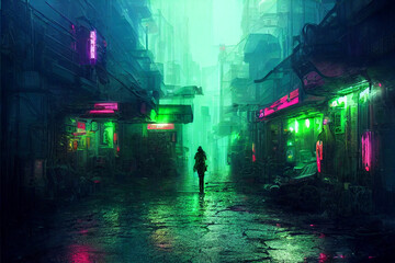 cyberpunk post-apocalyptic city  narrow street, lime green and pink lights, concept art, digital painting, cinematic, - obrazy, fototapety, plakaty