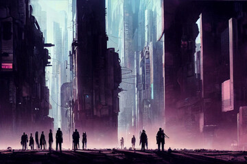 androids wondering around in post apocalyptic cyber city , digital painting,