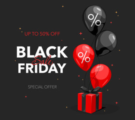 Fototapeta premium Black Friday Sale banner with black and red balloons and gift box. Special offer background in flat design