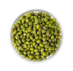 Glass bowl with green mung beans isolated on white, top view. Organic grains