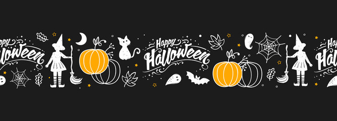 Fun hand drawn Halloween seamless pattern with cats, hats, bats and decoration - great for textiles, banners, wallpapers, wrapping - vector design