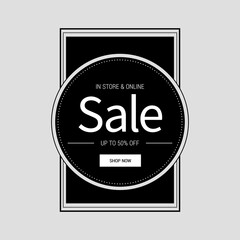 Promotion banner with big bright black, white inscription special sale, up to 50 percent off, shop now on white button, in store and online