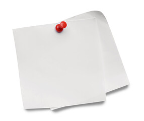 Blank notes pinned on white background, top view