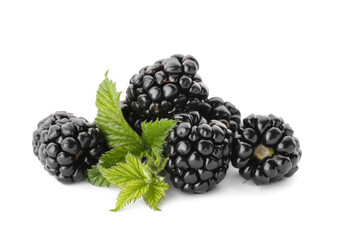 Tasty ripe blackberries and leaves on white background