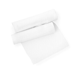 Medical gauze bandage rolls on white background, top view