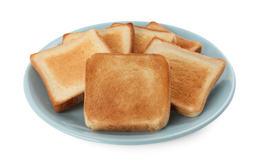 Plate with slices of delicious toasted bread on white background