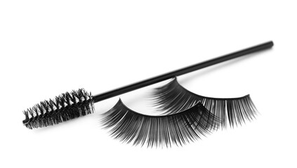 Fake eyelashes and brush on white background