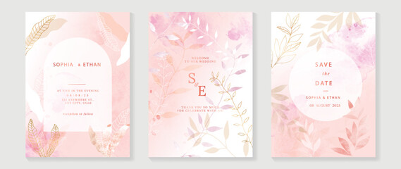 Luxury botanical wedding invitation card template. Watercolor card with pink color, leaves branches, foliage, trees. Elegant blossom vector design suitable for banner, cover, invitation.