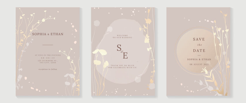 Luxury botanical wedding invitation card template. Minimal watercolor card with flowers, wildflowers, foliage, wild grass. Elegant blossom vector design suitable for banner, cover, invitation.