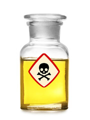Glass bottle with yellow toxic sample and warning sign on white background