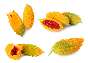 Set with bitter melons on white background