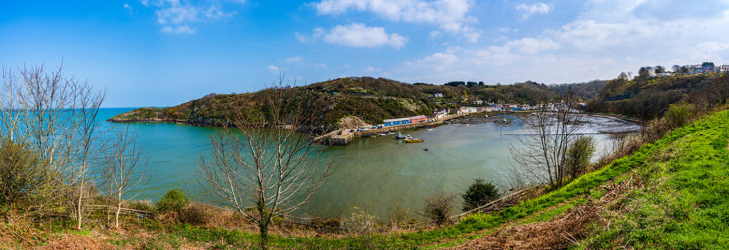 Landscape of the harbour of Fishguard coastal town harbour bay on Saint George's Channel in the Celtic Sea in Pembrokeshire,Wales, UK