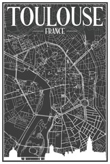 Fototapeta premium Dark printout city poster with panoramic skyline and hand-drawn streets network on dark gray background of the downtown TOULOUSE, FRANCE