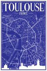 Technical drawing printout city poster with panoramic skyline and hand-drawn streets network on blue background of the downtown TOULOUSE, FRANCE