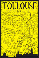 Golden printout city poster with panoramic skyline and hand-drawn streets network on yellow and black background of the downtown TOULOUSE, FRANCE