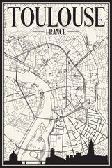 Light printout city poster with panoramic skyline and hand-drawn streets network on vintage beige background of the downtown TOULOUSE, FRANCE