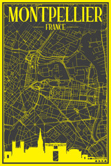 Yellow printout city poster with panoramic skyline and hand-drawn streets network on dark gray background of the downtown MONTPELLIER, FRANCE