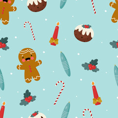 Christmas seamless pattern. Vector illustration. For card, posters, banners, printing on the pack, printing on clothes, fabric, wallpaper.	