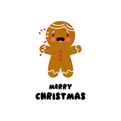 Greeting card with cartoon Christmas gingerbread. Vector illustration a white background. For card, posters, banners, printing on the pack, printing on clothes, fabric, wallpaper.