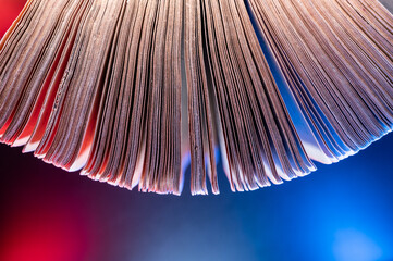 a thick book is opened in a semicircle. Red and blue decorative lighting