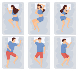 Woman and man sleep in different poses. People in pajamas sleeping on beds. Vector illustration