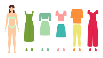 Paper doll with fashion clothes for different events, vector illustration