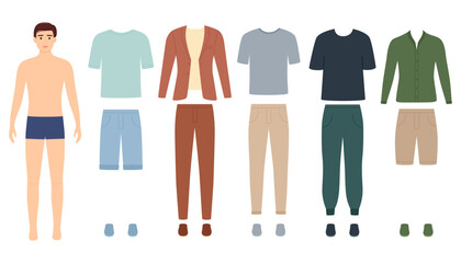 Paper doll man with clothes for different events, vector illustration