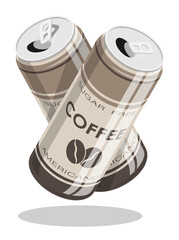 Couple of aluminum cans with strong invigorating coffee. Energy drink to uplift your mood and vigor. Vector isolated on white background
