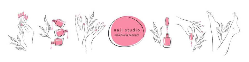 Set of elements for nail studio. Nail polish, nail brush, manicured female hands and legs. Vector illustrations