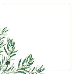 Olive golden frame. Black olive branches. Hand drawn watercolor botanical illustration isolated on white background. Can be used for cards, logos and food design.
