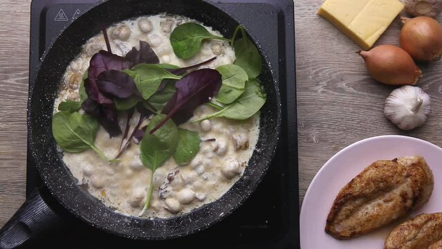 Basil greens are large on the surface of the white sauce.