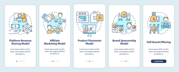 Creator business models onboarding mobile app screen. Marketing walkthrough 5 steps editable graphic instructions with linear concepts. UI, UX, GUI template. Myriad Pro-Bold, Regular fonts used