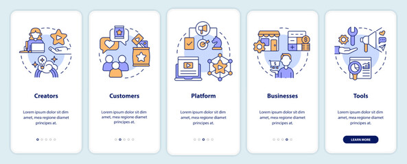 Creator economy stakeholders onboarding mobile app screen. Walkthrough 5 steps editable graphic instructions with linear concepts. UI, UX, GUI template. Myriad Pro-Bold, Regular fonts used