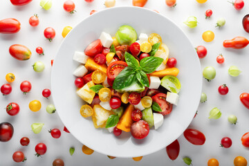 Salad with different varieties kind of red, yellow, green and black tomato mix, mozzarella cheese and basil. Caprese salas with fresh colourful tomatoes. Food photography