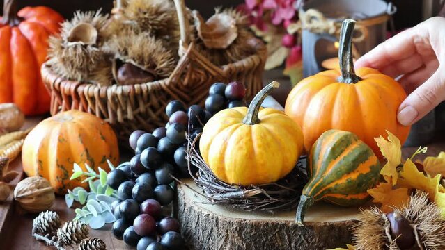 Thanksgiving concept with beautiful pumpkin, grapes and candles decorations