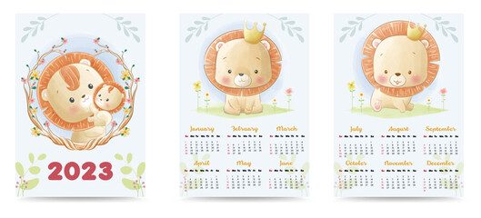 calendar 2023 with cute animals illustration watercolor style