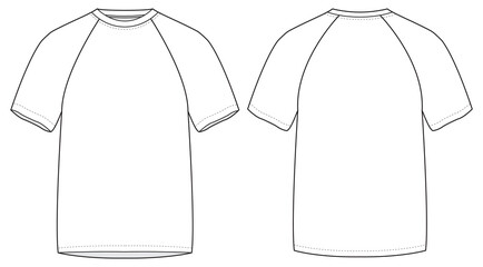mens short sleeve raglan t shirt front and back view flat sketch vector illustration template. cad mockup.
