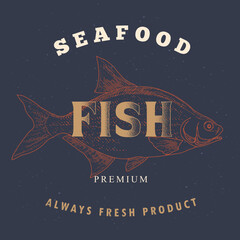 Fototapeta premium Fish label in the style of an old worn engraving