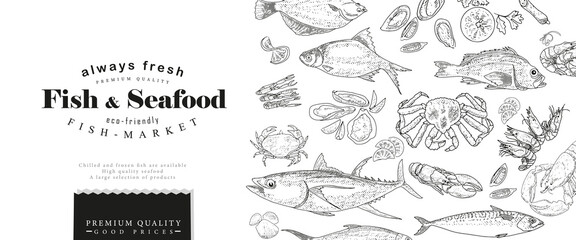 Vintage fish market cover design. A frame for advertising a fish products store.