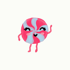 Cute character lollipop with happy emotions, face, smile, eyes, arms and legs. Cheerful sweet candy person. Vector flat illustration