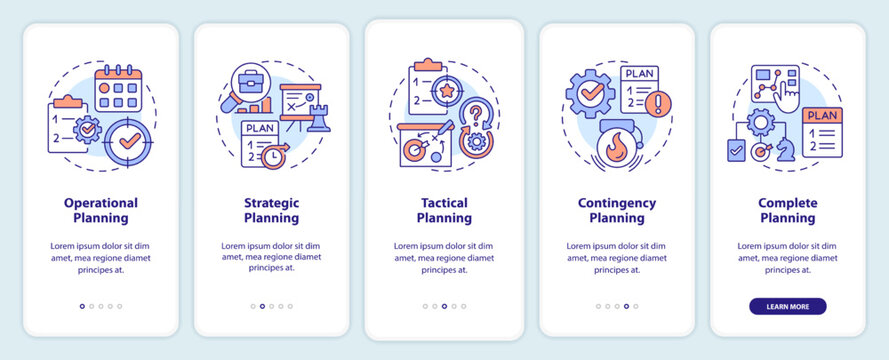 Types of plans onboarding mobile app screen. Business development walkthrough 5 steps editable graphic instructions with linear concepts. UI, UX, GUI template. Myriad Pro-Bold, Regular fonts used
