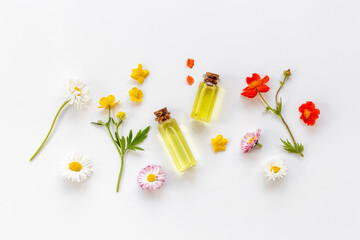 Herbal apothecary with wild flowers and essential oil