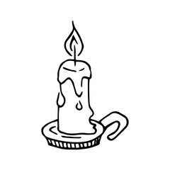 Hand drawn doodle candle with fire. Black and white vector clipart. Outline. Wax flowing down the candle.